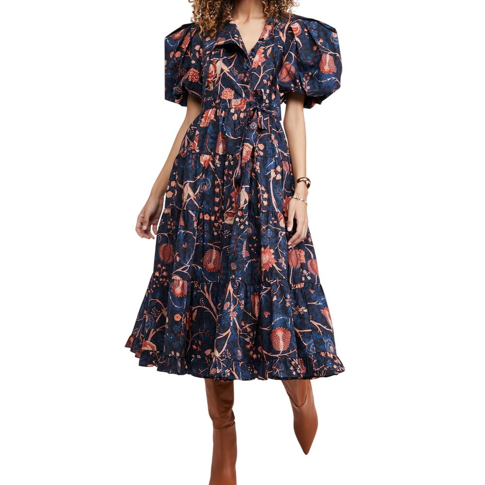Ulla Johnson Navy and Coral Floral Midi Dress
